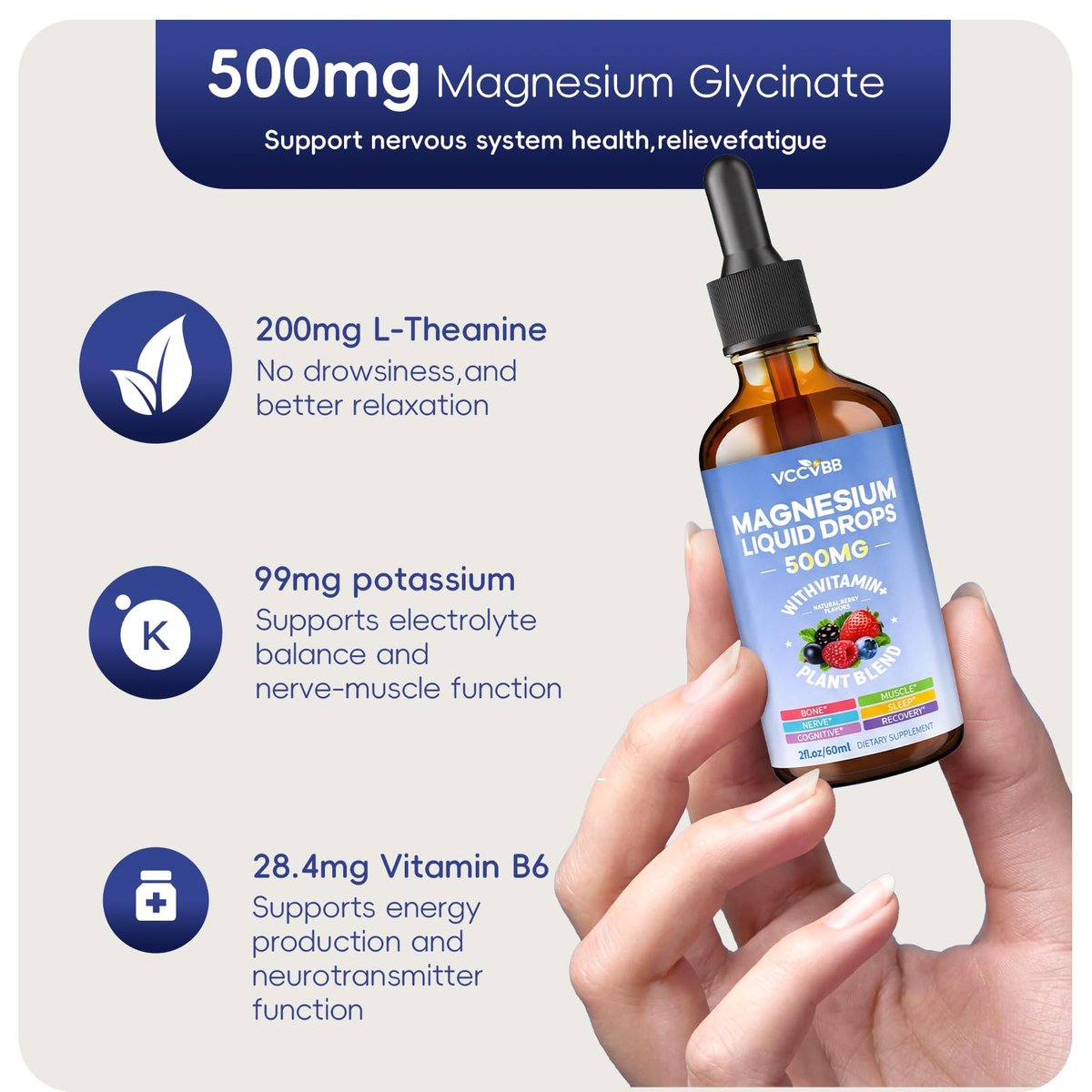 Magnesium Glycinate Liquid Drops, Magnesium Complex with Malate Taurate Citrate Complex & Vitamin D3, B6, K2 L-Theanine, Plant Blend for Sleep, Bone, Muscle, Nerve Non-GMO (500mg-Berry Flavor) - görsel 5