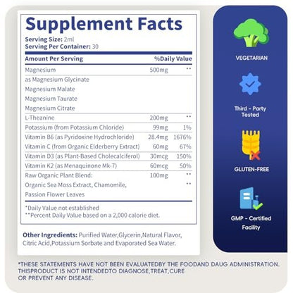 Magnesium Glycinate Liquid Drops, Magnesium Complex with Malate Taurate Citrate Complex & Vitamin D3, B6, K2 L-Theanine, Plant Blend for Sleep, Bone, Muscle, Nerve Non-GMO (500mg-Berry Flavor)
