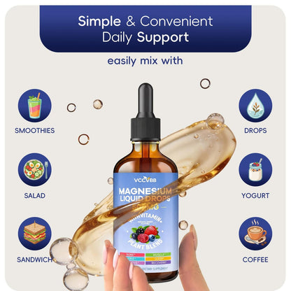 Magnesium Glycinate Liquid Drops, Magnesium Complex with Malate Taurate Citrate Complex & Vitamin D3, B6, K2 L-Theanine, Plant Blend for Sleep, Bone, Muscle, Nerve Non-GMO (500mg-Berry Flavor)