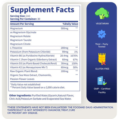 Magnesium Glycinate Liquid Drops, Magnesium Complex with Malate Taurate Citrate Complex & Vitamin D3, B6, K2 L-Theanine, Plant Blend for Sleep, Bone, Muscle, Nerve Non-GMO (500mg-Berry Flavor)