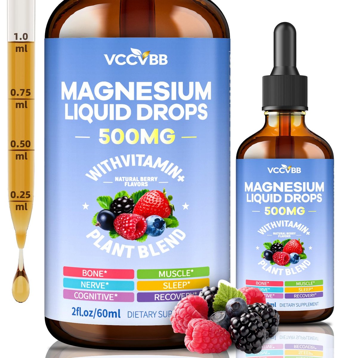 Magnesium Glycinate Liquid Drops, Magnesium Complex with Malate Taurate Citrate Complex & Vitamin D3, B6, K2 L-Theanine, Plant Blend for Sleep, Bone, Muscle, Nerve Non-GMO (500mg-Berry Flavor) - görsel 1