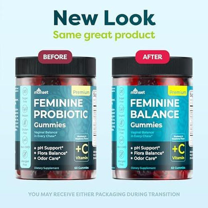 MONSET Feminine Balance Gummies for Women – Vaginal Probiotics for Women pH Balance & Odor Control – 60ct Prebiotics and Probiotics for Womens – Berry Flavor Vaginal Health Supplement