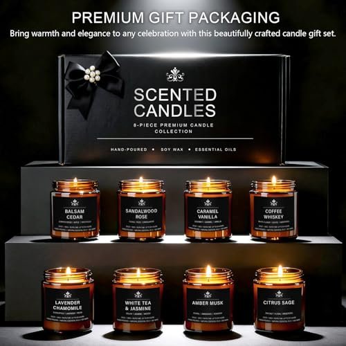 8 Pack Soy Wax Scented Candles Gift Set, Aromatherapy Candles with Lavender Chamomile, Citrus Sage, Caramel Vanilla, Coffee Whiskey, Long Lasting Stress Relief Candle, Unisex Home & Gift Set for Men - görsel 1