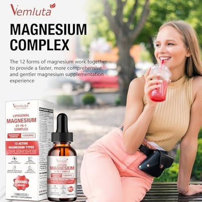 2 Packs 21-in-1 Liposomal 12 Active Magnesium Complex 2000MG+ Liquid Drops - with Magnesium Glycinate, Citrate etc, Ashwagandha & L-Theanine, CoQ10 for Mood, Muscle, Heart & Relaxation Nerve Support