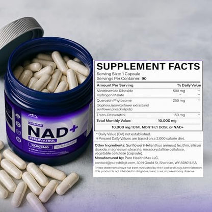 PURE HEALTH MAX PHM NAD Resveratrol Supplement - NAD+ Liposomal Supplements for Men and Women | NMN & NMNH Alternative | 90 Capsules, 1.5 Months Supply