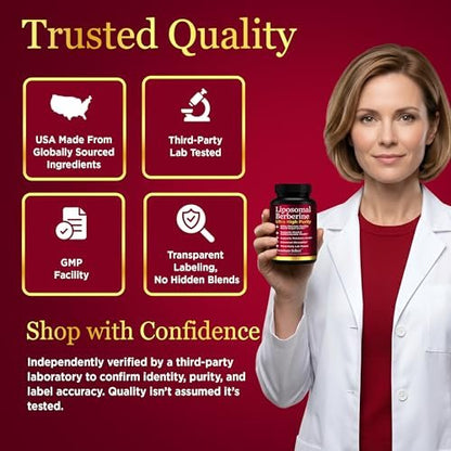 Premium Select Nutrition Liposomal Berberine HCL Capsules Supplement for Men and Women - 60 Capsules, 30 Servings - Third Party Tested, Made in USA