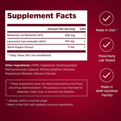 Premium Select Nutrition Liposomal Berberine HCL Capsules Supplement for Men and Women - 60 Capsules, 30 Servings - Third Party Tested, Made in USA
