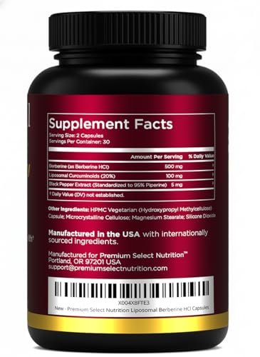 Premium Select Nutrition Liposomal Berberine HCL Capsules Supplement for Men and Women - 60 Capsules, 30 Servings - Third Party Tested, Made in USA