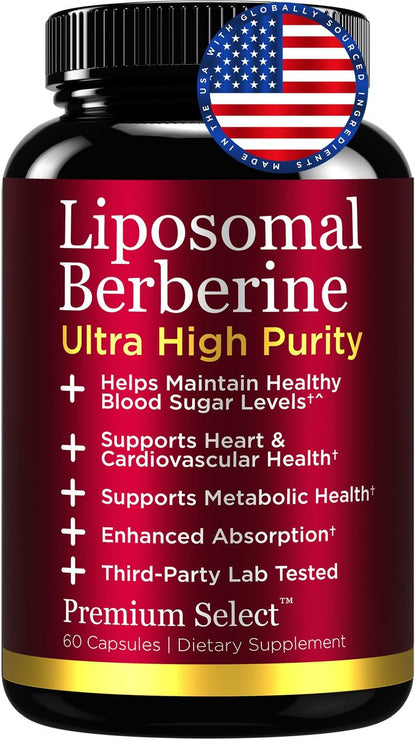 Premium Select Nutrition Liposomal Berberine HCL Capsules Supplement for Men and Women - 60 Capsules, 30 Servings - Third Party Tested, Made in USA