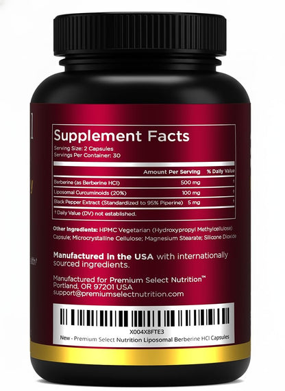 Premium Select Nutrition Liposomal Berberine HCL Capsules Supplement for Men and Women - 60 Capsules, 30 Servings - Third Party Tested, Made in USA