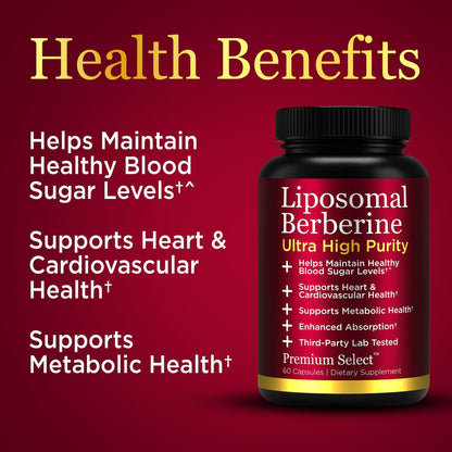 Premium Select Nutrition Liposomal Berberine HCL Capsules Supplement for Men and Women - 60 Capsules, 30 Servings - Third Party Tested, Made in USA
