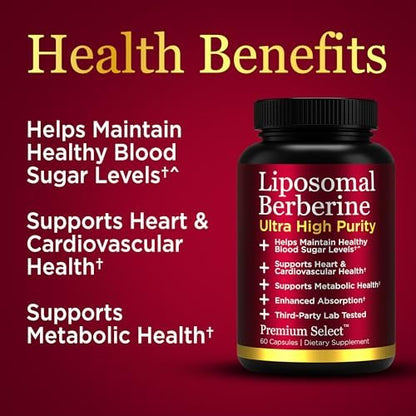 Premium Select Nutrition Liposomal Berberine HCL Capsules Supplement for Men and Women - 60 Capsules, 30 Servings - Third Party Tested, Made in USA