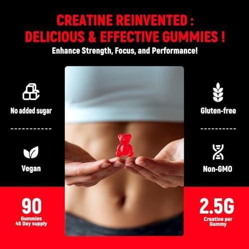 NSF Certified Creatine Gummy - Creatine Monohydrate Gummies 5g for Men & Women - Boost Focus, Strength, and Endurance, Vegan, Gluten-Free, Non-GMO, 2.5 Gram Creatine per Gummy (Strawberry 90 ct) - görsel 1