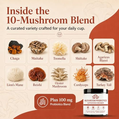 Suiyilary Mushroom Probiotic Coffee Creamer, 10 Mushrooms Creamer with Probiotics, Lion’s Mane, Cordyceps, Reishi, Turkey Tail, Shiitake for Gut, Digestion, Gluten Free 21 Serving