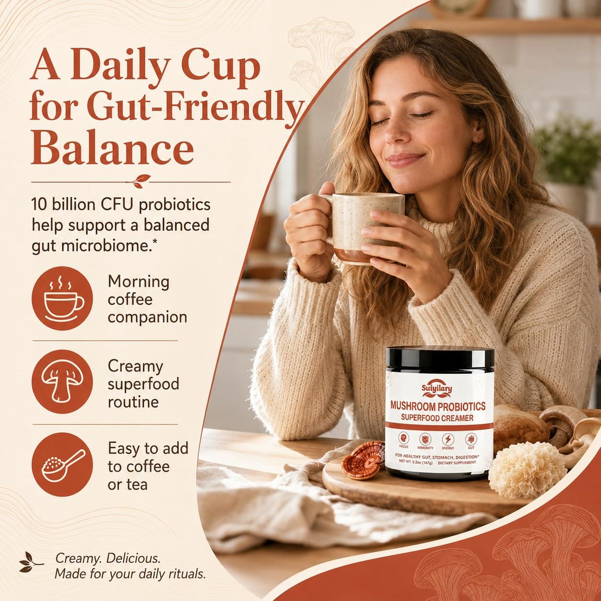 Suiyilary Mushroom Probiotic Coffee Creamer, 10 Mushrooms Creamer with Probiotics, Lion’s Mane, Cordyceps, Reishi, Turkey Tail, Shiitake for Gut, Digestion, Gluten Free 21 Serving - görsel 9