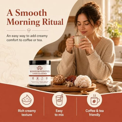 Suiyilary Mushroom Probiotic Coffee Creamer, 10 Mushrooms Creamer with Probiotics, Lion’s Mane, Cordyceps, Reishi, Turkey Tail, Shiitake for Gut, Digestion, Gluten Free 21 Serving