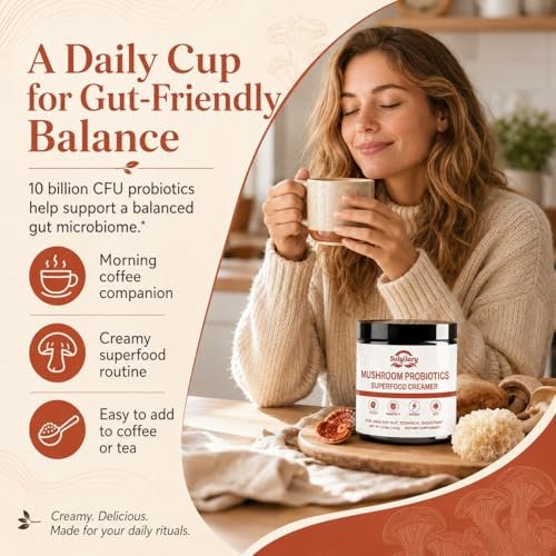 Suiyilary Mushroom Probiotic Coffee Creamer, 10 Mushrooms Creamer with Probiotics, Lion’s Mane, Cordyceps, Reishi, Turkey Tail, Shiitake for Gut, Digestion, Gluten Free 21 Serving - görsel 10