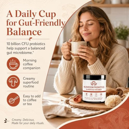 Suiyilary Mushroom Probiotic Coffee Creamer, 10 Mushrooms Creamer with Probiotics, Lion’s Mane, Cordyceps, Reishi, Turkey Tail, Shiitake for Gut, Digestion, Gluten Free 21 Serving