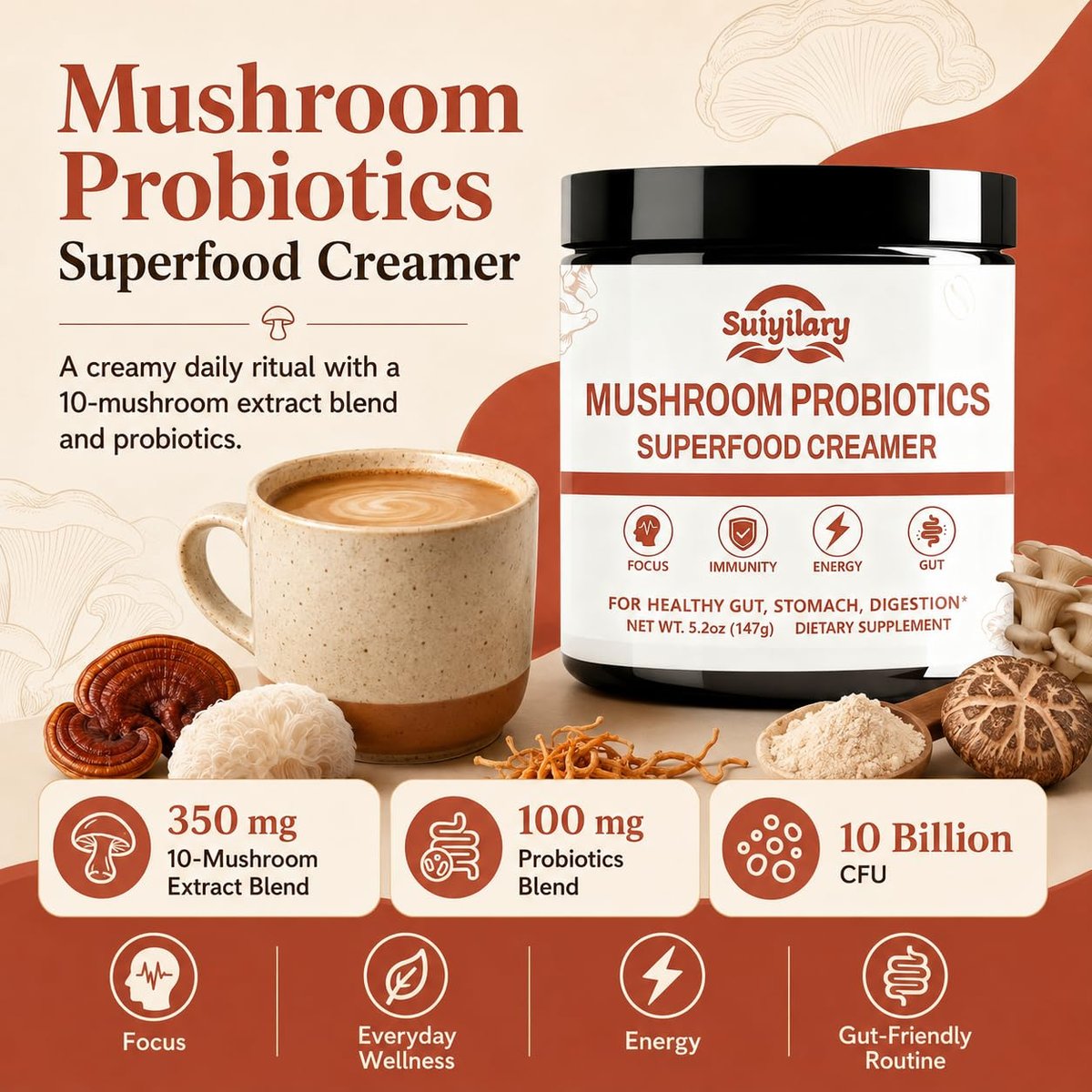 Suiyilary Mushroom Probiotic Coffee Creamer, 10 Mushrooms Creamer with Probiotics, Lion’s Mane, Cordyceps, Reishi, Turkey Tail, Shiitake for Gut, Digestion, Gluten Free 21 Serving - görsel 5