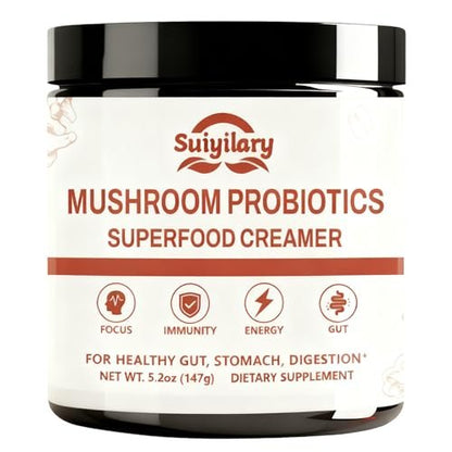 Suiyilary Mushroom Probiotic Coffee Creamer, 10 Mushrooms Creamer with Probiotics, Lion’s Mane, Cordyceps, Reishi, Turkey Tail, Shiitake for Gut, Digestion, Gluten Free 21 Serving