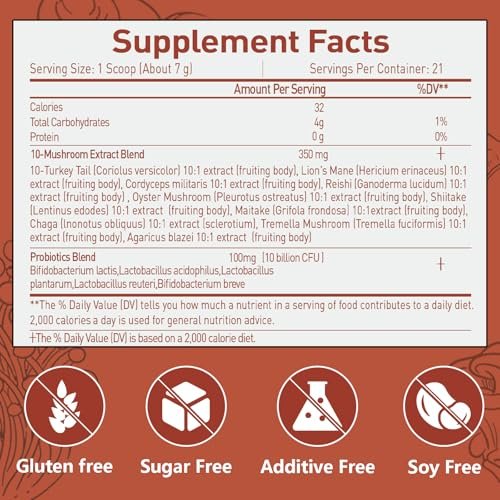 Suiyilary Mushroom Probiotic Coffee Creamer, 10 Mushrooms Creamer with Probiotics, Lion’s Mane, Cordyceps, Reishi, Turkey Tail, Shiitake for Gut, Digestion, Gluten Free 21 Serving - görsel 18