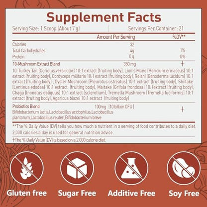Suiyilary Mushroom Probiotic Coffee Creamer, 10 Mushrooms Creamer with Probiotics, Lion’s Mane, Cordyceps, Reishi, Turkey Tail, Shiitake for Gut, Digestion, Gluten Free 21 Serving
