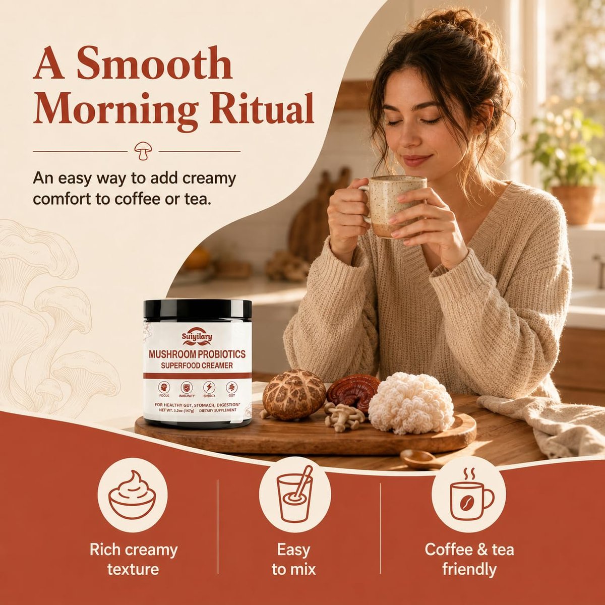 Suiyilary Mushroom Probiotic Coffee Creamer, 10 Mushrooms Creamer with Probiotics, Lion’s Mane, Cordyceps, Reishi, Turkey Tail, Shiitake for Gut, Digestion, Gluten Free 21 Serving - görsel 11