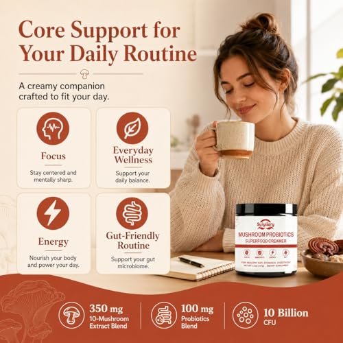 Suiyilary Mushroom Probiotic Coffee Creamer, 10 Mushrooms Creamer with Probiotics, Lion’s Mane, Cordyceps, Reishi, Turkey Tail, Shiitake for Gut, Digestion, Gluten Free 21 Serving - görsel 8