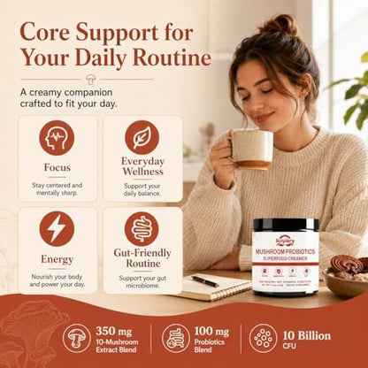 Suiyilary Mushroom Probiotic Coffee Creamer, 10 Mushrooms Creamer with Probiotics, Lion’s Mane, Cordyceps, Reishi, Turkey Tail, Shiitake for Gut, Digestion, Gluten Free 21 Serving