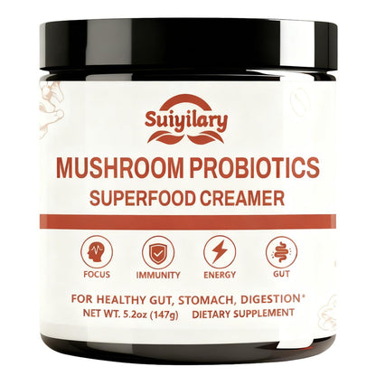 Suiyilary Mushroom Probiotic Coffee Creamer, 10 Mushrooms Creamer with Probiotics, Lion’s Mane, Cordyceps, Reishi, Turkey Tail, Shiitake for Gut, Digestion, Gluten Free 21 Serving