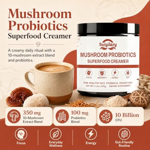 Suiyilary Mushroom Probiotic Coffee Creamer, 10 Mushrooms Creamer with Probiotics, Lion’s Mane, Cordyceps, Reishi, Turkey Tail, Shiitake for Gut, Digestion, Gluten Free 21 Serving - görsel 6