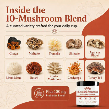 Suiyilary Mushroom Probiotic Coffee Creamer, 10 Mushrooms Creamer with Probiotics, Lion’s Mane, Cordyceps, Reishi, Turkey Tail, Shiitake for Gut, Digestion, Gluten Free 21 Serving