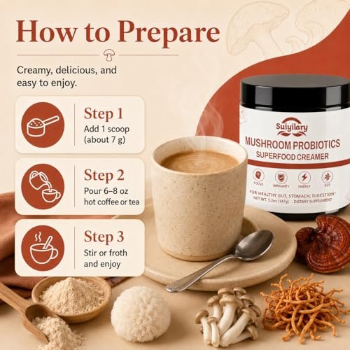 Suiyilary Mushroom Probiotic Coffee Creamer, 10 Mushrooms Creamer with Probiotics, Lion’s Mane, Cordyceps, Reishi, Turkey Tail, Shiitake for Gut, Digestion, Gluten Free 21 Serving - görsel 14