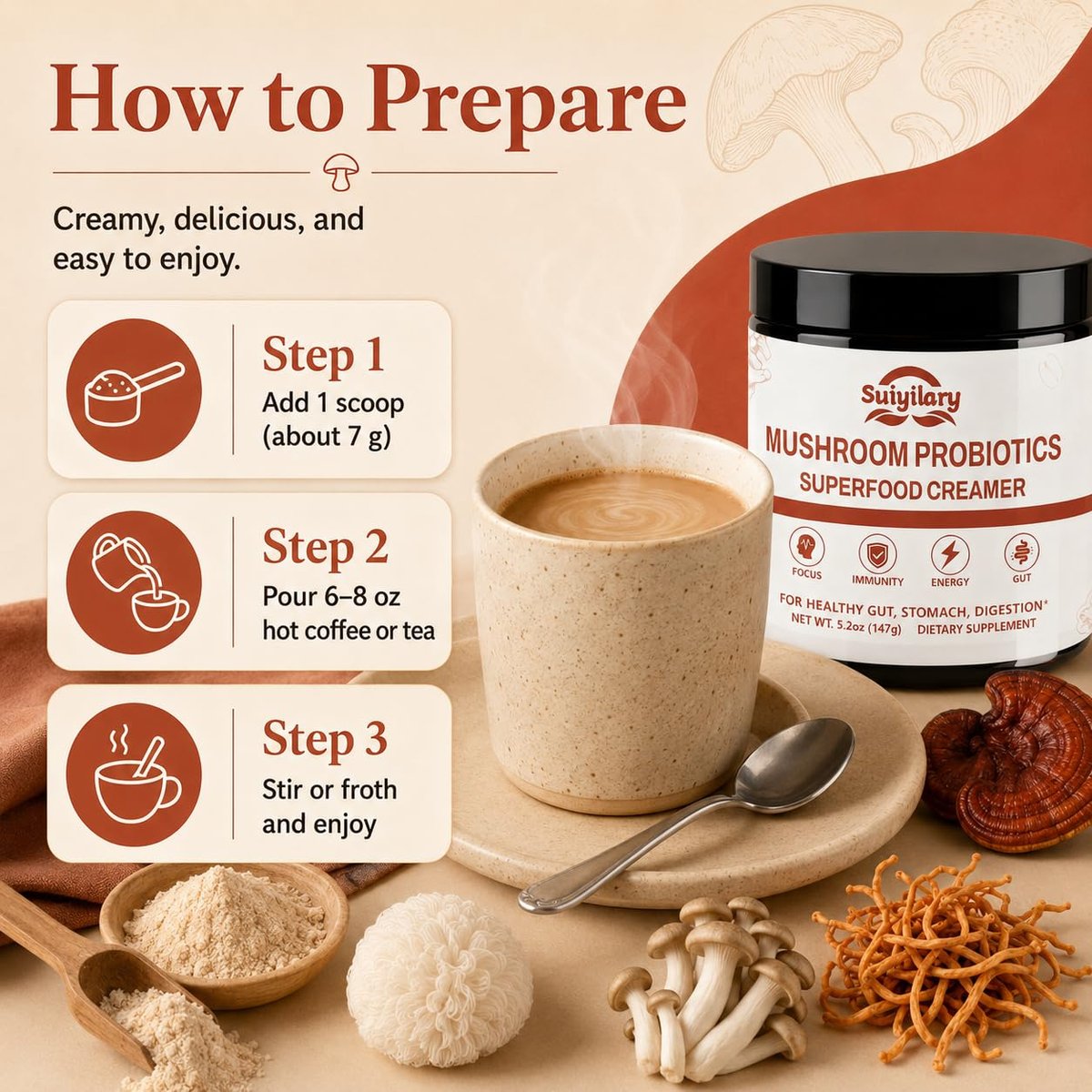 Suiyilary Mushroom Probiotic Coffee Creamer, 10 Mushrooms Creamer with Probiotics, Lion’s Mane, Cordyceps, Reishi, Turkey Tail, Shiitake for Gut, Digestion, Gluten Free 21 Serving - görsel 13