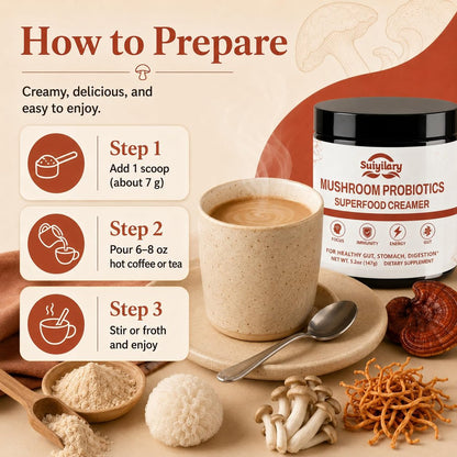 Suiyilary Mushroom Probiotic Coffee Creamer, 10 Mushrooms Creamer with Probiotics, Lion’s Mane, Cordyceps, Reishi, Turkey Tail, Shiitake for Gut, Digestion, Gluten Free 21 Serving