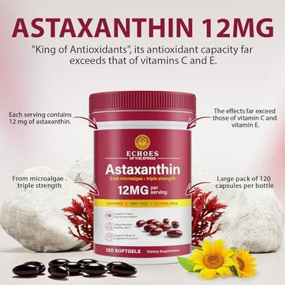 Astaxanthin 12mg – Natural Astaxanthin from Haematococcus Pluvialis, Triple Strength Antioxidant Supplement for Eye, Skin, Joint & Immune Support (120 Count)