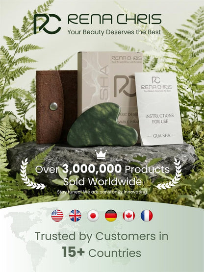 Rena Chris Gua Sha Facial Tools, Natural Jade Stone Guasha Tool for Face Massage - Face Sculpting Tool for Jawline Sculpting, Puffiness Reduction and Skincare Routine with Travel Pouch