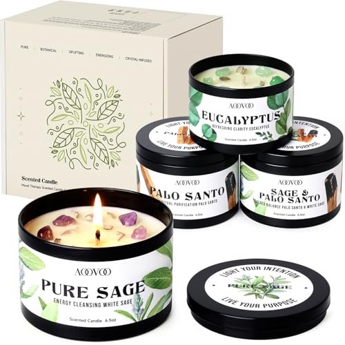 AOOVOO 4 Pack Sage Candles - Sage, Palo Santo, Sage & Palo Santo, Eucalyptus Mint Candle Set with Crystals & Decor, 26oz 200 Hours Long Lasting, Non Toxic Candles for Spiritual House Energy Cleansing - görsel 8