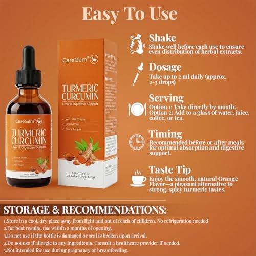 CareGem Turmeric Curcumin Complex Liquid Drops with Milk Thistle, Dandelion & Chamomile | High-Absorption Herbal Blend with Black Pepper & Ginger | Orange Flavor | 2 fl oz - görsel 10