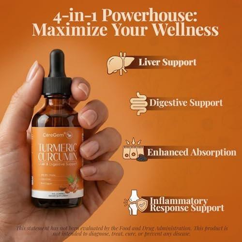 CareGem Turmeric Curcumin Complex Liquid Drops with Milk Thistle, Dandelion & Chamomile | High-Absorption Herbal Blend with Black Pepper & Ginger | Orange Flavor | 2 fl oz - görsel 4