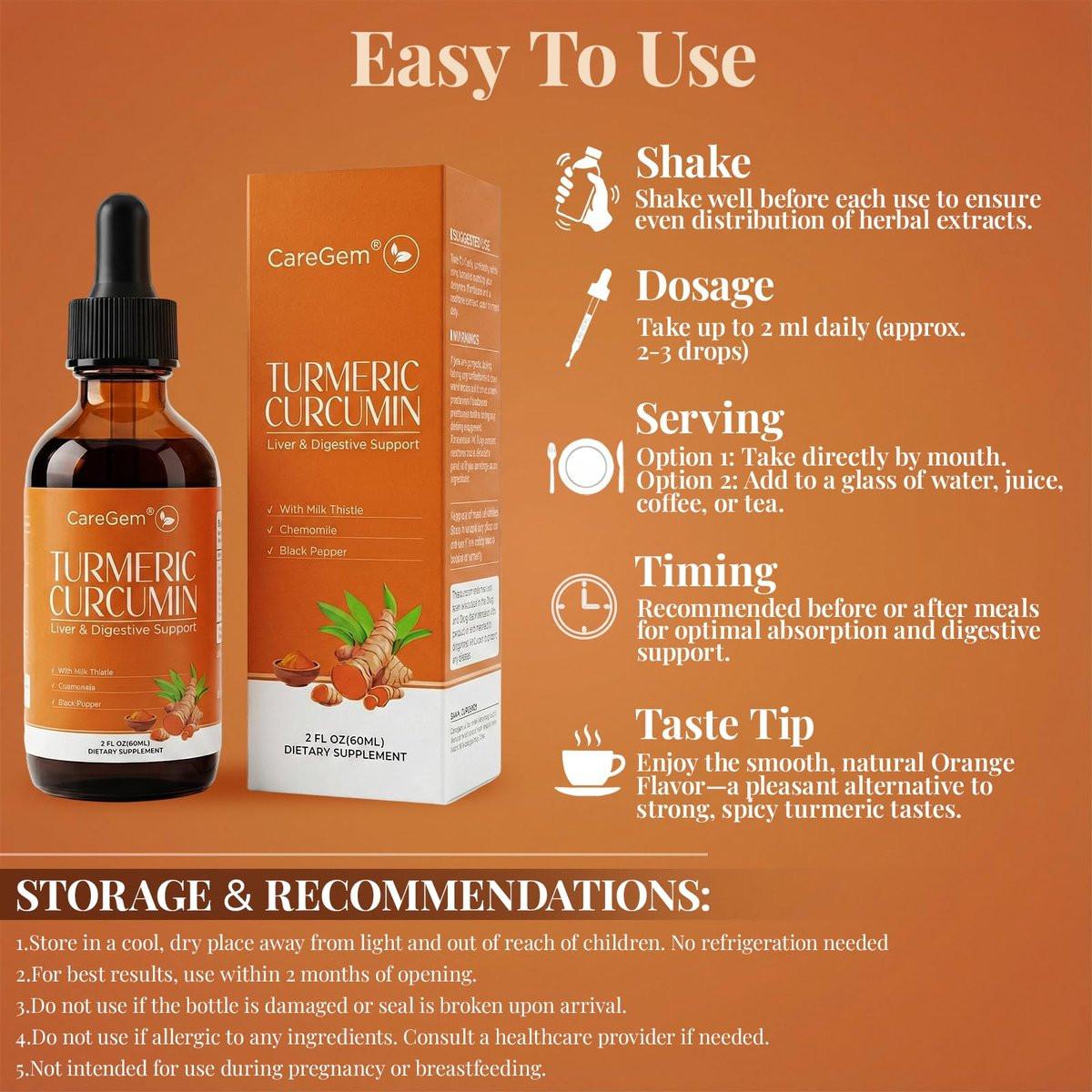 CareGem Turmeric Curcumin Complex Liquid Drops with Milk Thistle, Dandelion & Chamomile | High-Absorption Herbal Blend with Black Pepper & Ginger | Orange Flavor | 2 fl oz - görsel 9