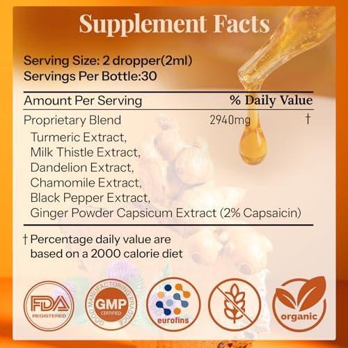 CareGem Turmeric Curcumin Complex Liquid Drops with Milk Thistle, Dandelion & Chamomile | High-Absorption Herbal Blend with Black Pepper & Ginger | Orange Flavor | 2 fl oz - görsel 12