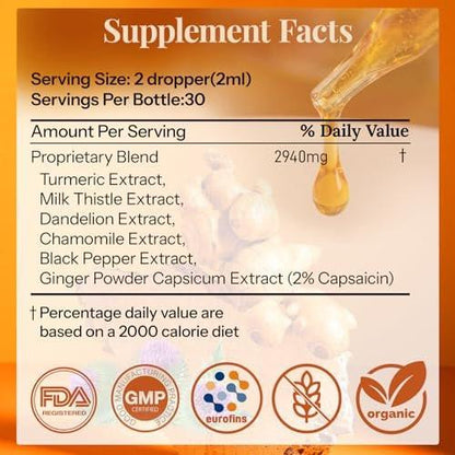 CareGem Turmeric Curcumin Complex Liquid Drops with Milk Thistle, Dandelion & Chamomile | High-Absorption Herbal Blend with Black Pepper & Ginger | Orange Flavor | 2 fl oz