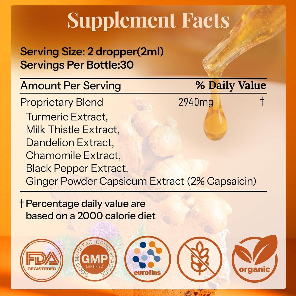 CareGem Turmeric Curcumin Complex Liquid Drops with Milk Thistle, Dandelion & Chamomile | High-Absorption Herbal Blend with Black Pepper & Ginger | Orange Flavor | 2 fl oz - görsel 11