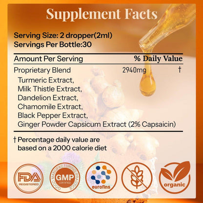 CareGem Turmeric Curcumin Complex Liquid Drops with Milk Thistle, Dandelion & Chamomile | High-Absorption Herbal Blend with Black Pepper & Ginger | Orange Flavor | 2 fl oz