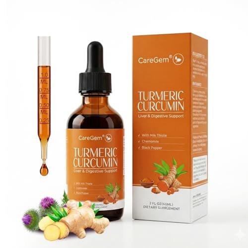 CareGem Turmeric Curcumin Complex Liquid Drops with Milk Thistle, Dandelion & Chamomile | High-Absorption Herbal Blend with Black Pepper & Ginger | Orange Flavor | 2 fl oz - görsel 2