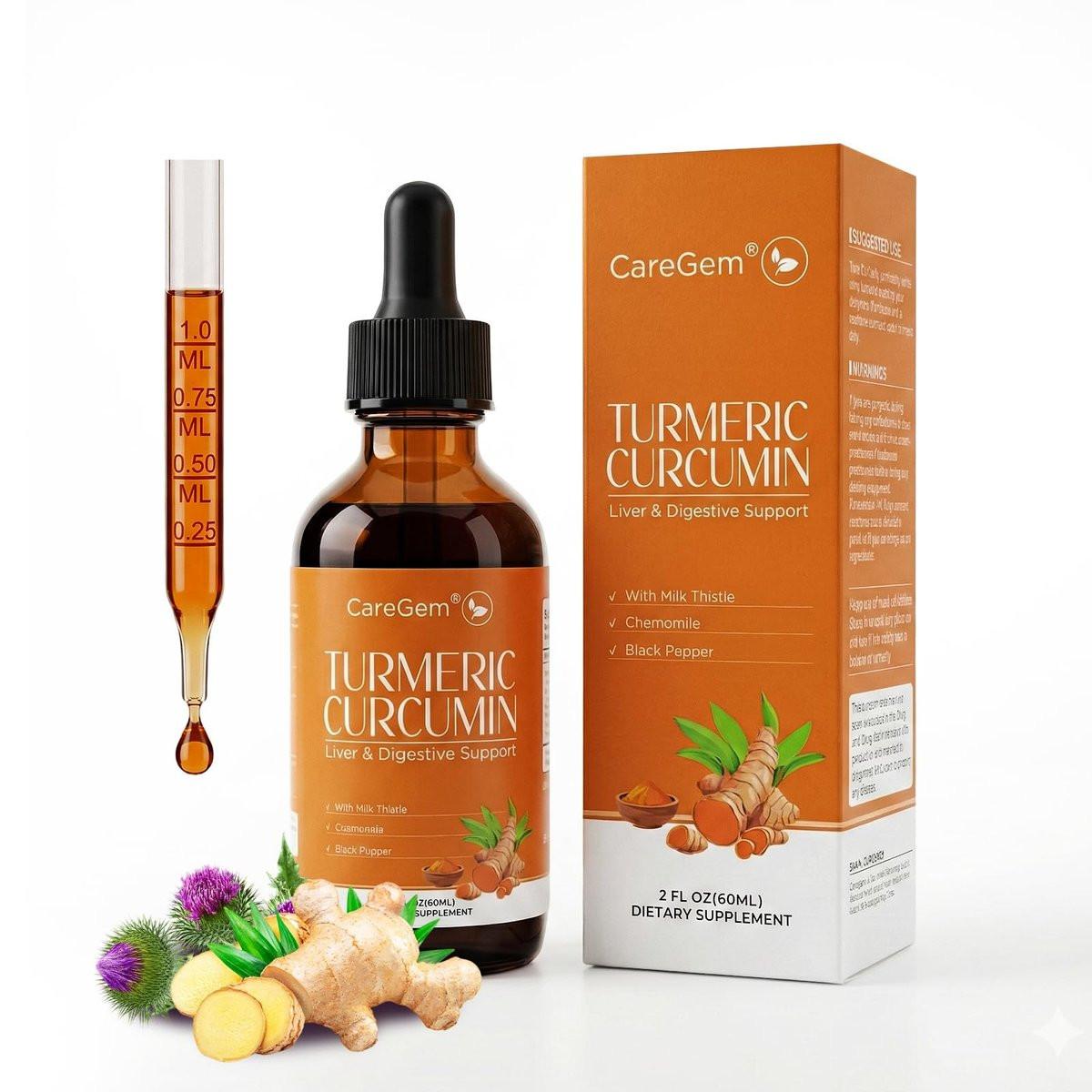 CareGem Turmeric Curcumin Complex Liquid Drops with Milk Thistle, Dandelion & Chamomile | High-Absorption Herbal Blend with Black Pepper & Ginger | Orange Flavor | 2 fl oz - görsel 1