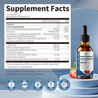 Liquid Magnesium Glycinate Drops for Sleep Support & Nighttime Calm, Magnesium Drops with Chamomile, Ashwagandha, L-Theanine & GABA for Relaxation Support, Gentle Absorption, Strawberry Flavor, 2 Fl Oz