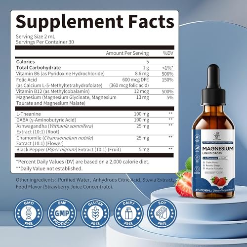 Liquid Magnesium Glycinate Drops for Sleep Support & Nighttime Calm, Magnesium Drops with Chamomile, Ashwagandha, L-Theanine & GABA for Relaxation Support, Gentle Absorption, Strawberry Flavor, 2 Fl Oz - görsel 18