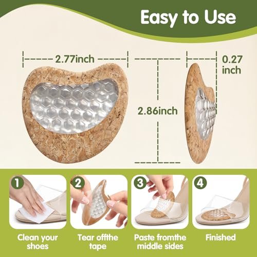 Metatarsal Pads for Women: High Heel Inserts Ball of Foot Cushions, Silicone Gel Shoe Insoles for All Day Comfort, Pain Relief & Support, Washable & Reusable with Eco-Friendly Cork (4, Cork Beige) - görsel 9